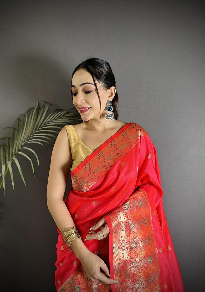 Coral Red Multicolour Minakari Weaving Silk Saree Set - Indya