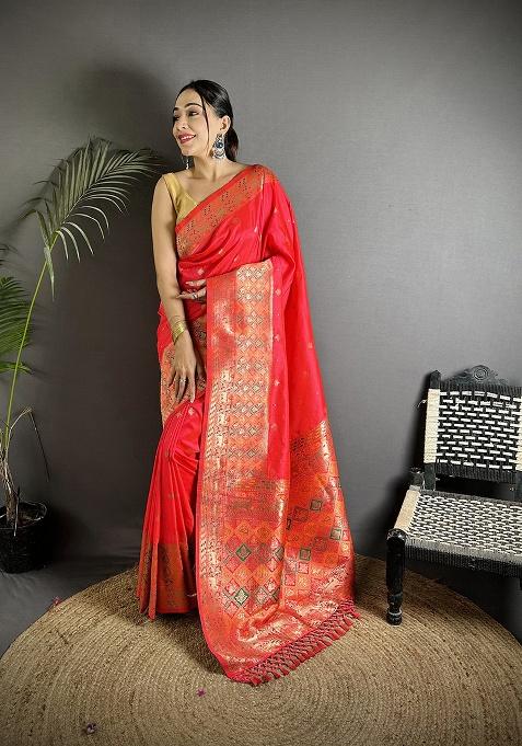 Coral Red Multicolour Minakari Weaving Silk Saree Set