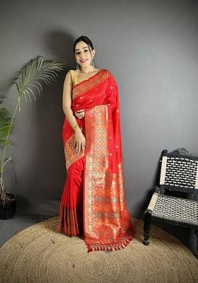 Red Multicolour Minakari Weaving Silk Saree Set