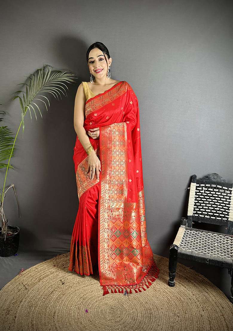 Red Multicolour Minakari Weaving Silk Blend Saree Set for Diwali and Festive Wear - Indya