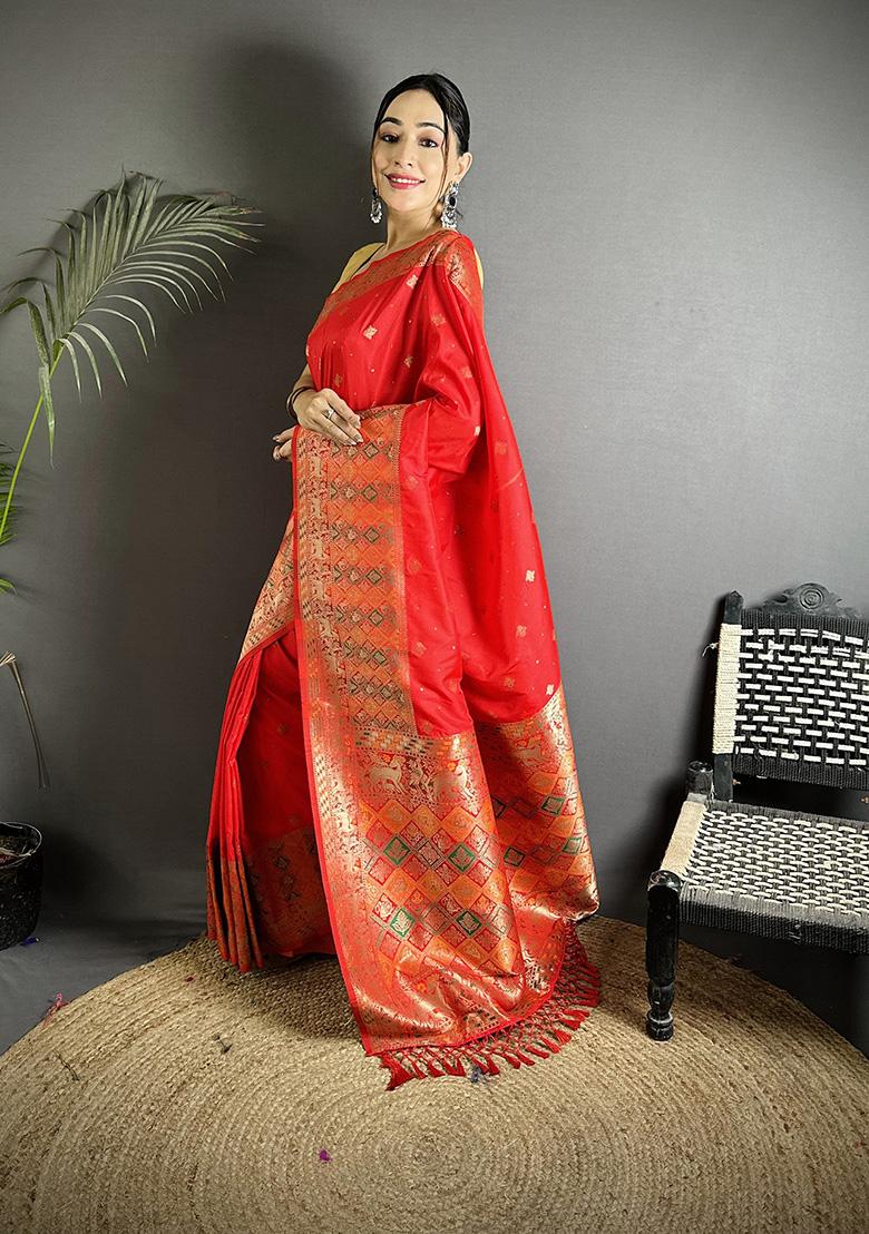 Red Multicolour Minakari Weaving Silk Saree Set - Indya