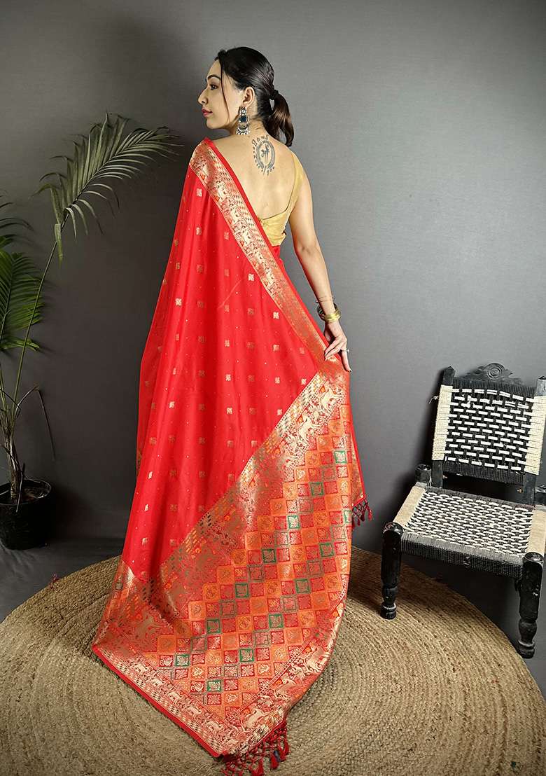 Red Multicolour Minakari Weaving Silk Blend Saree Set for Diwali and Festive Wear - Indya