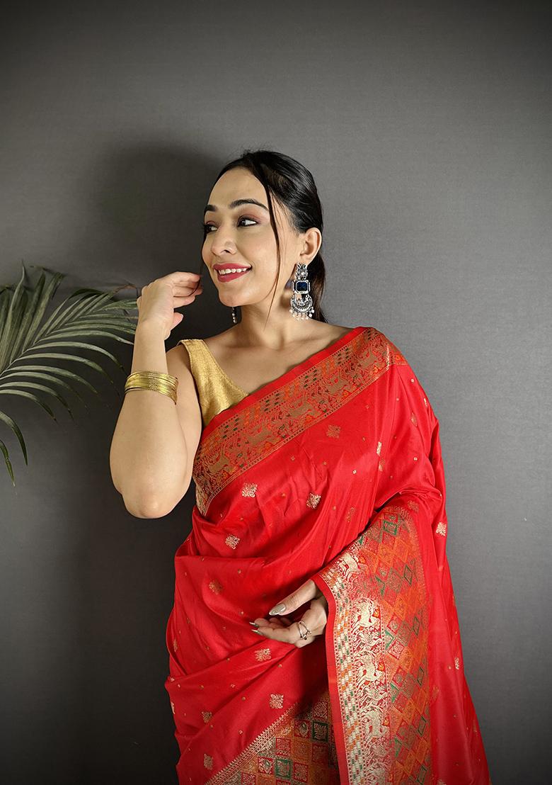 Red Multicolour Minakari Weaving Silk Saree Set - Indya