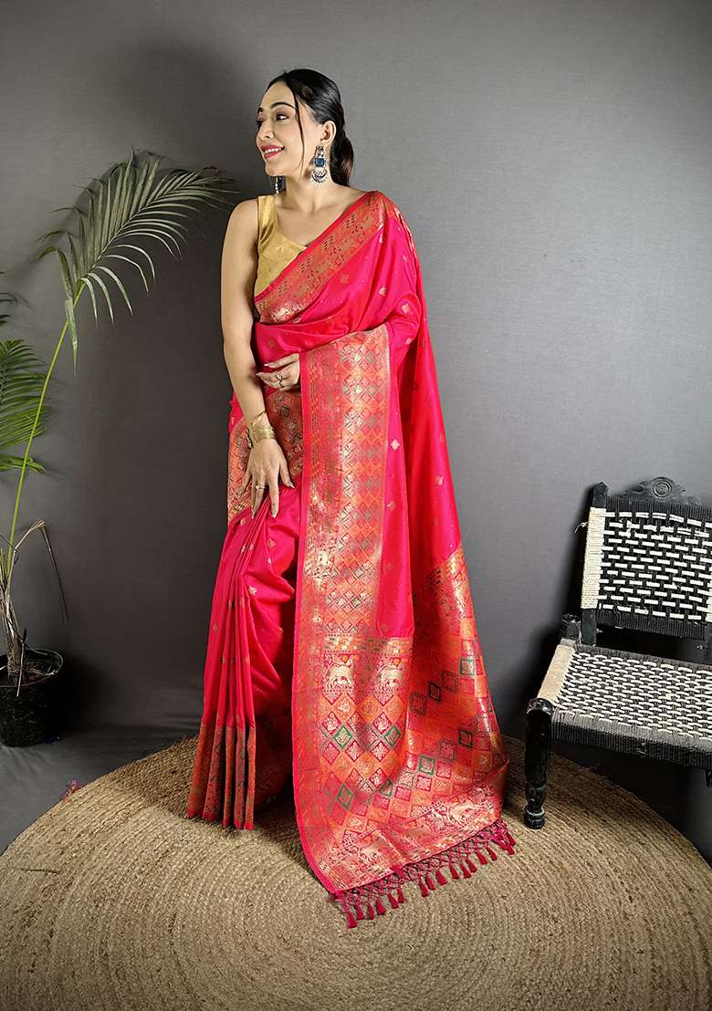 Pink Multicolour Minakari Weaving Silk Blend Saree Set for Diwali | Wedding & Festive Wear - Indya