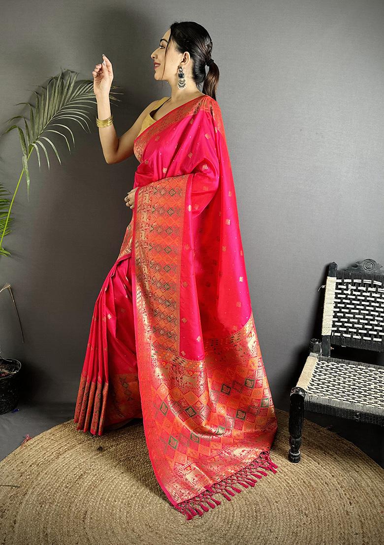 Pink Multicolour Minakari Weaving Silk Saree Set - Indya