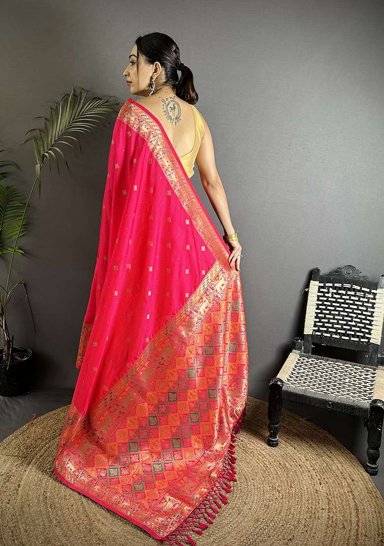 Pink Multicolour Minakari Weaving Silk Blend Saree Set for Diwali | Wedding & Festive Wear - Indya