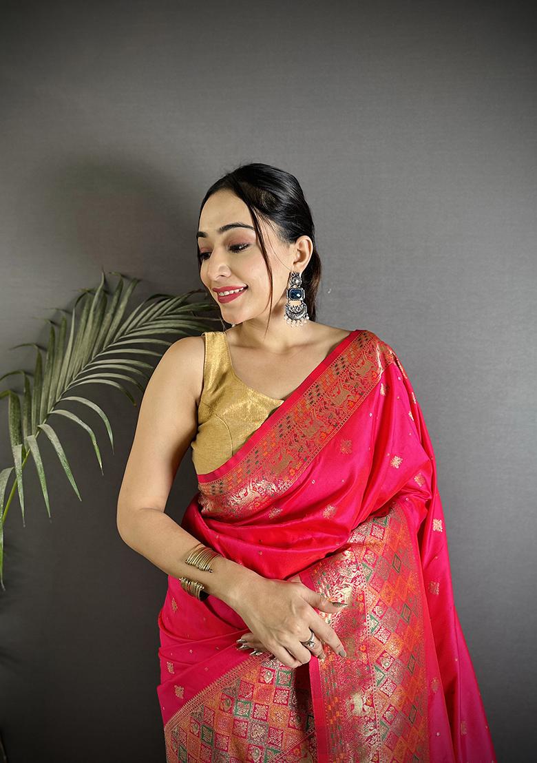 Pink Multicolour Minakari Weaving Silk Saree Set - Indya