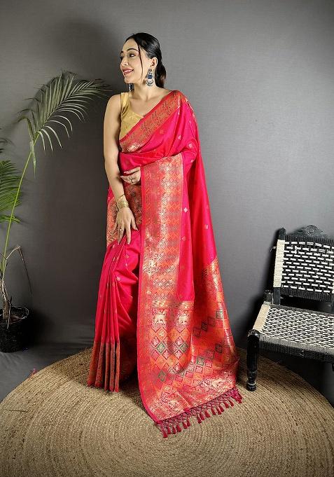 Pink Multicolour Minakari Weaving Silk Saree Set