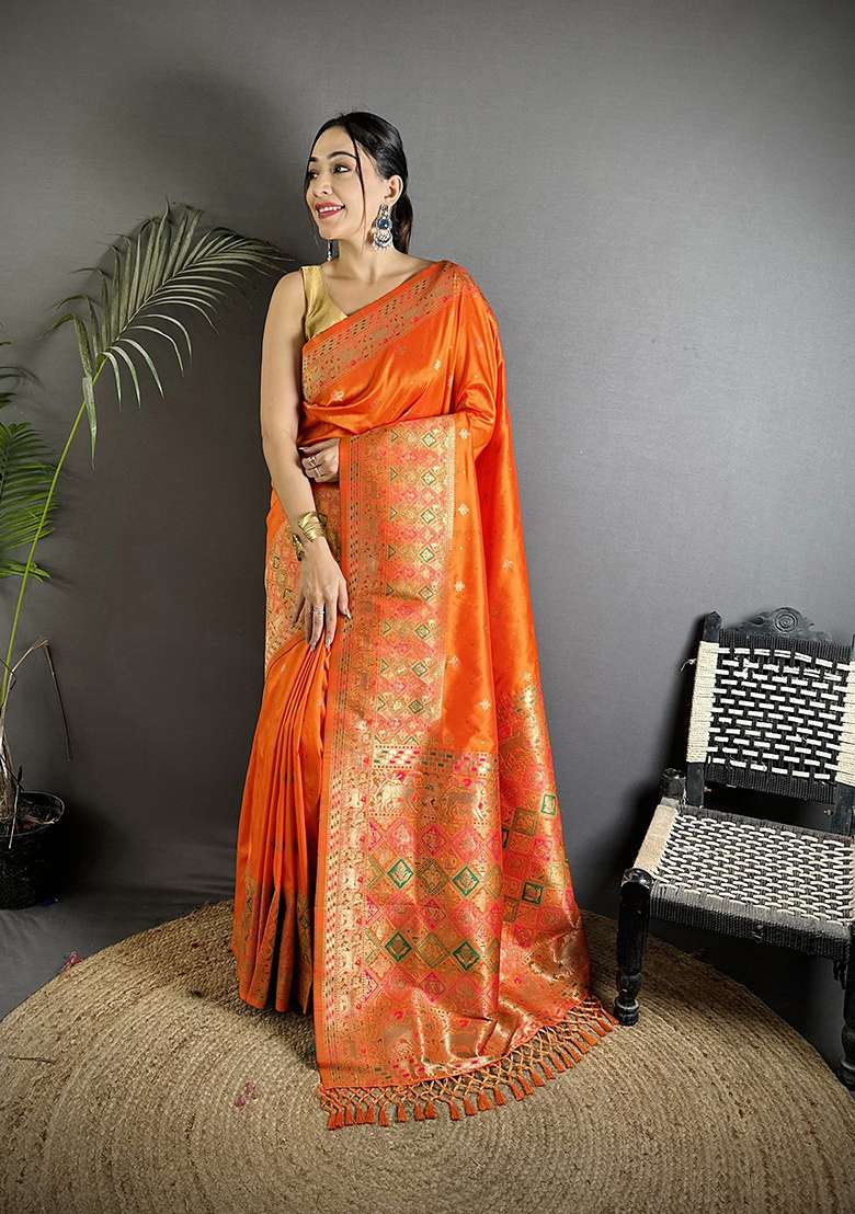 Orange Multicolour Minakari Weaving Silk Blend Saree Set for Diwali and Festive Wear - Indya