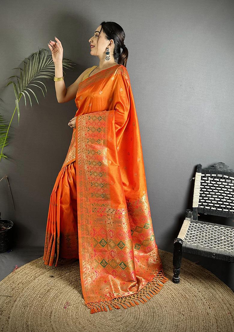 Orange Multicolour Minakari Weaving Silk Saree Set - Indya