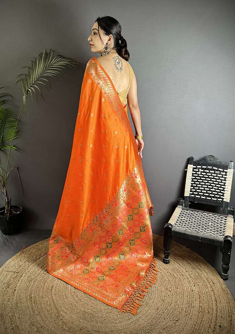 Orange Multicolour Minakari Weaving Silk Blend Saree Set for Diwali and Festive Wear - Indya
