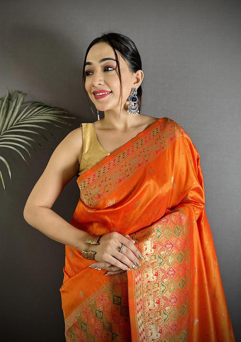 Orange Multicolour Minakari Weaving Silk Saree Set - Indya