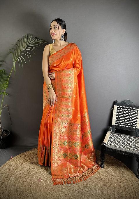 Orange Multicolour Minakari Weaving Silk Saree Set