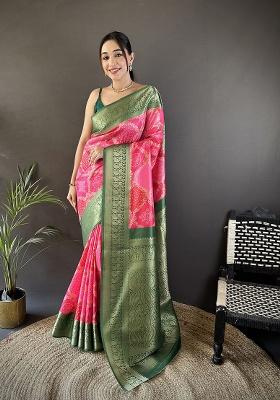 Pink Rangcut Jacquard Weave Silk Saree Set