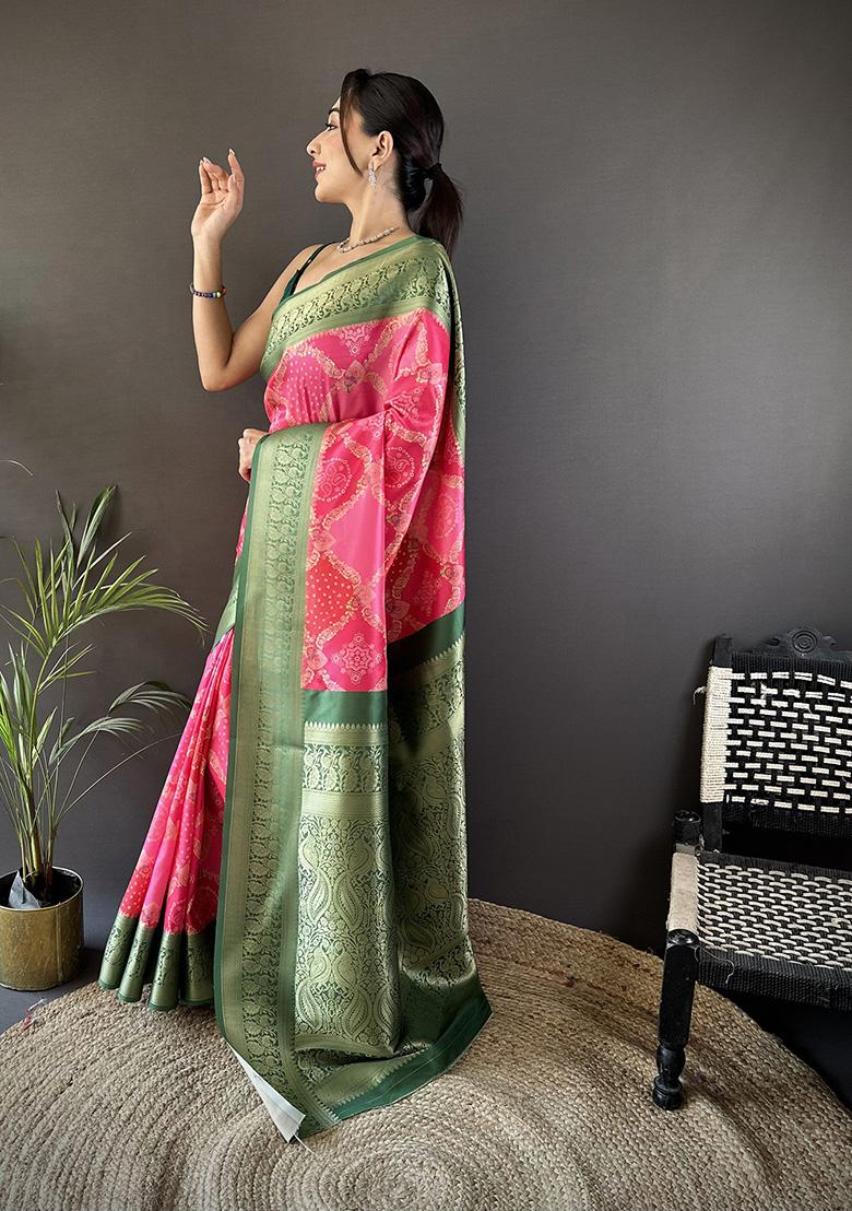 Pink Rangcut Jacquard Weave Silk Saree Set - Indya