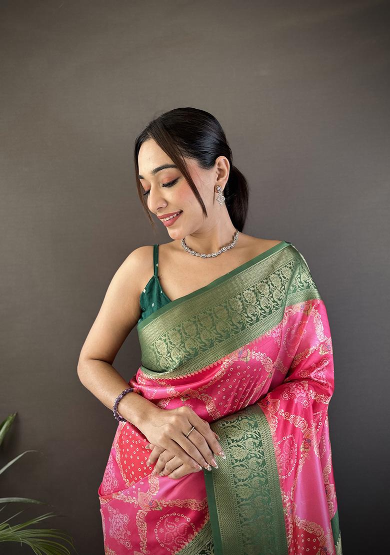 Pink Rangcut Jacquard Weave Silk Saree Set - Indya