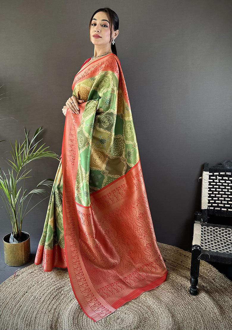 Olive Green Rangcut Jacquard Weave Silk Saree Set - Indya