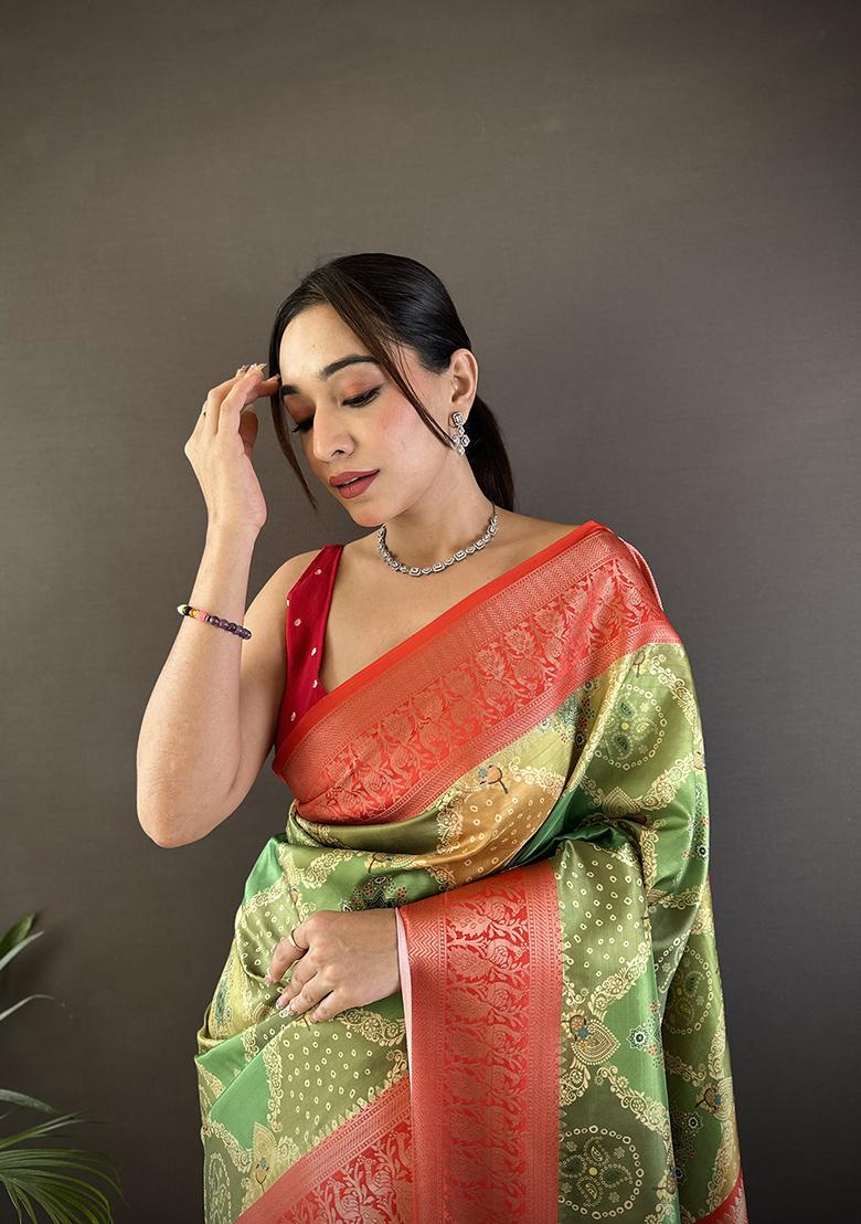 Olive Green Rangcut Jacquard Weave Silk Saree Set - Indya