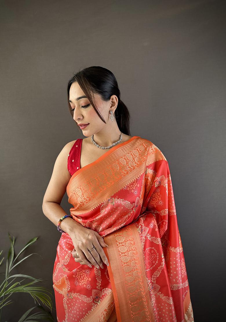 Orange Rangcut Jacquard Weave Silk Saree Set - Indya
