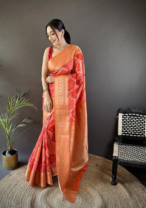 Orange Rangcut Jacquard Weave Silk Saree Set