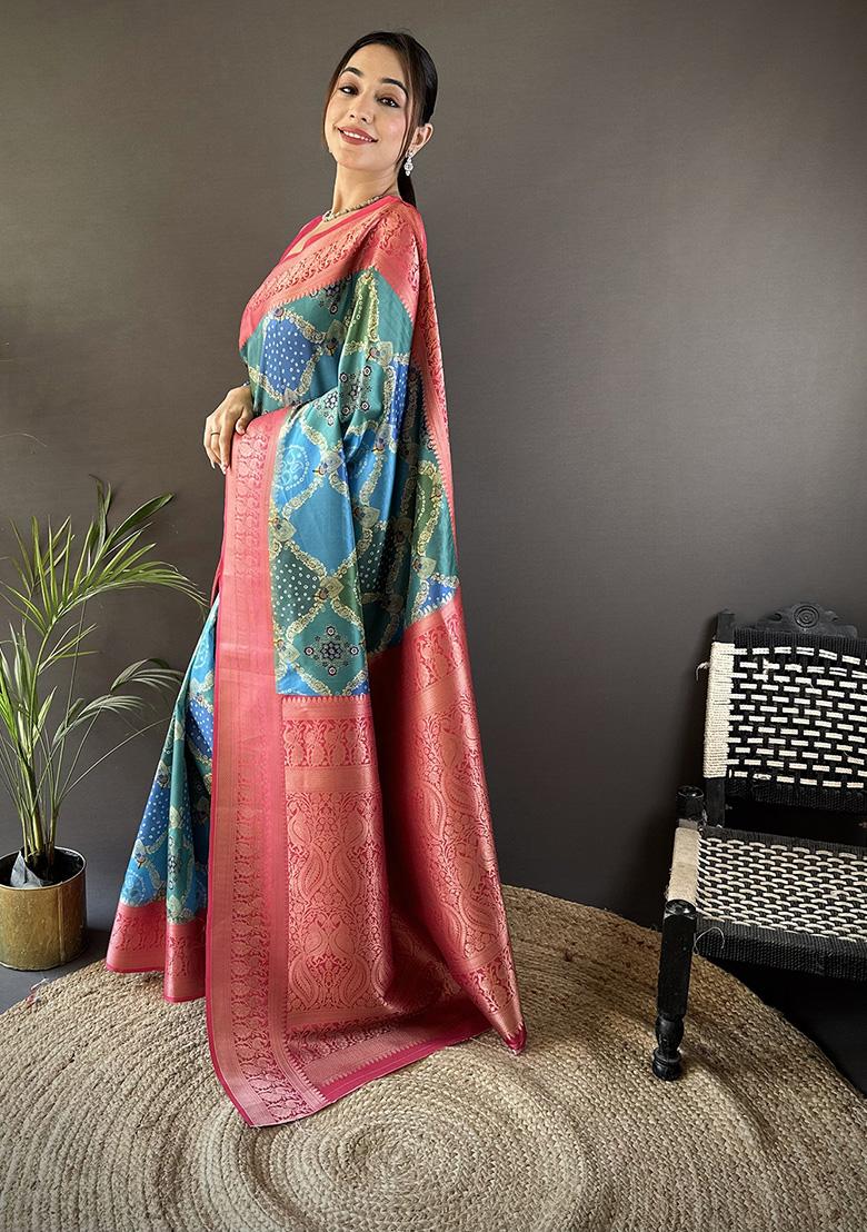 Teal Rangcut Jacquard Weave Silk Saree Set - Indya