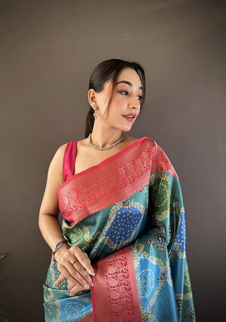 Teal Rangcut Jacquard Weave Silk Saree Set - Indya
