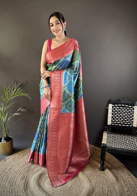 Teal Rangcut Jacquard Weave Silk Saree Set