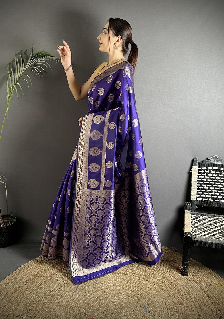 Purple Jacquard Weaving Silk Saree Set - Indya