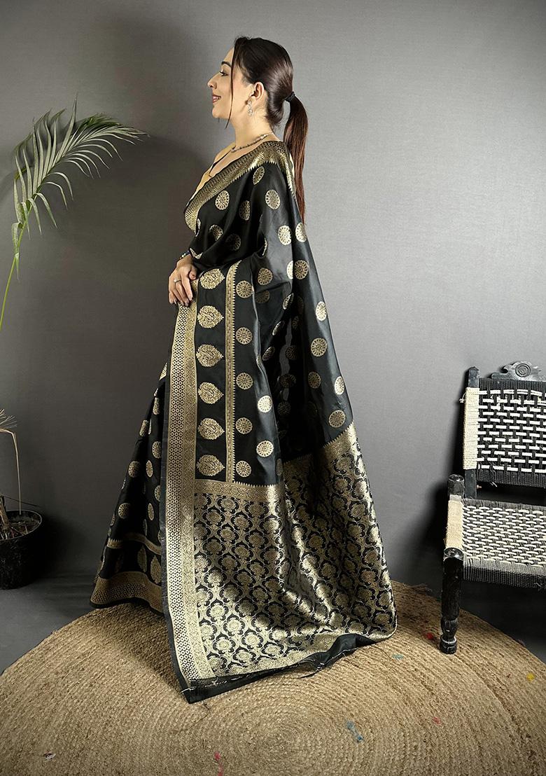 Black Jacquard Weaving Silk Saree Set - Indya