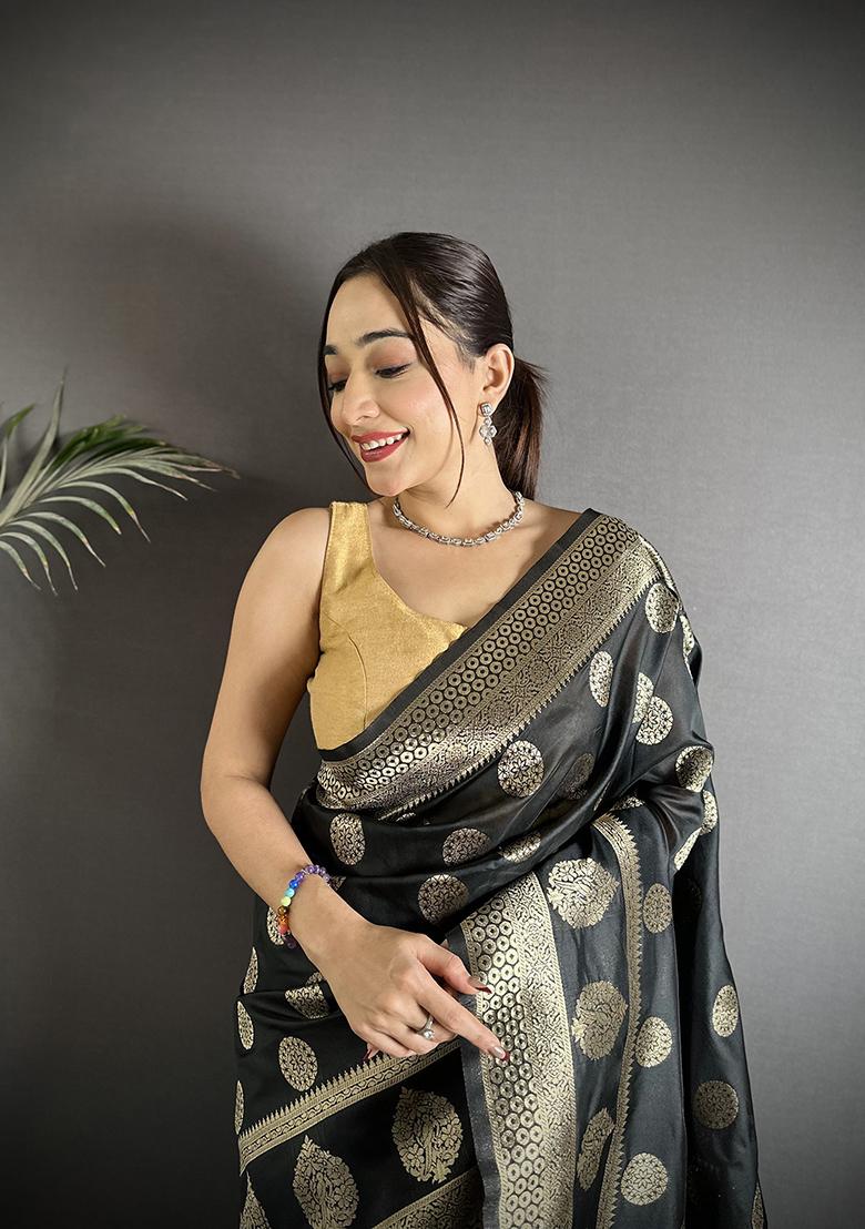 Black Jacquard Weaving Silk Saree Set - Indya