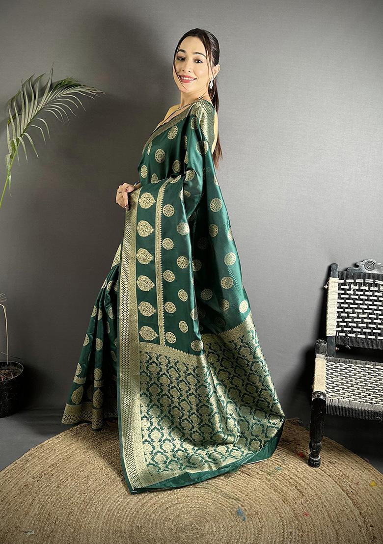 Green Jacquard Weaving Silk Saree Set - Indya