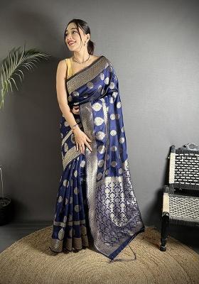 Navy Blue Jacquard Weaving Silk Saree Set
