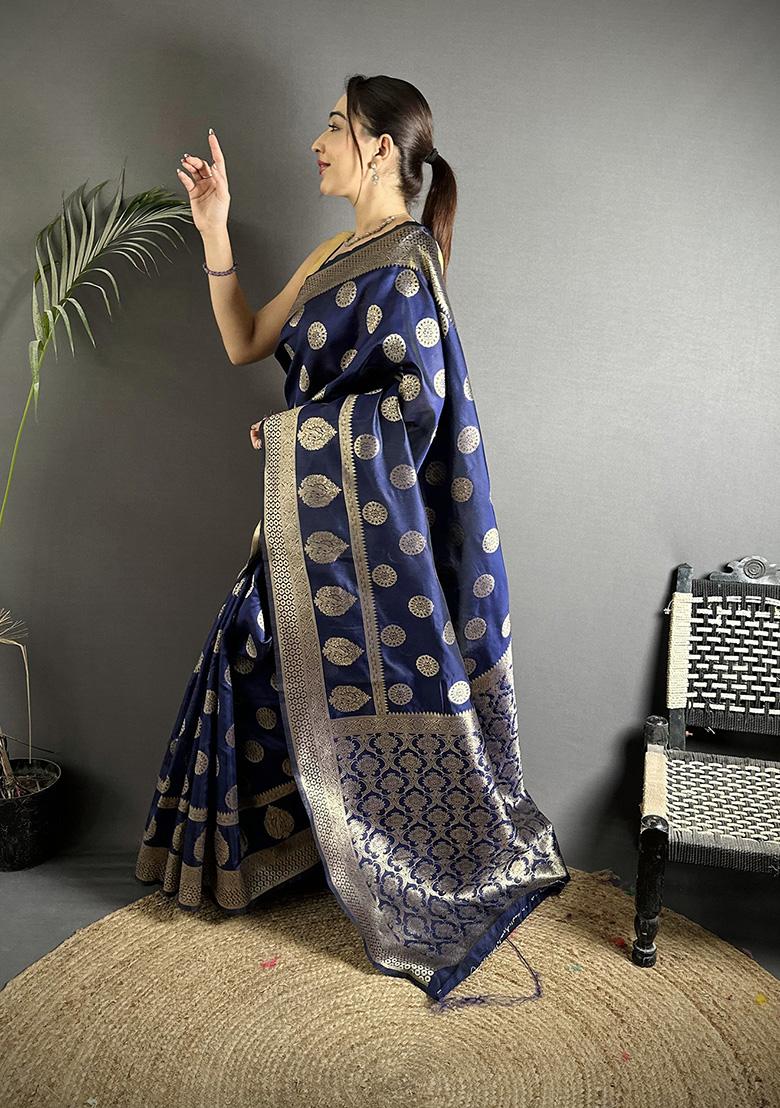 Navy Blue Jacquard Weaving Silk Saree Set - Indya