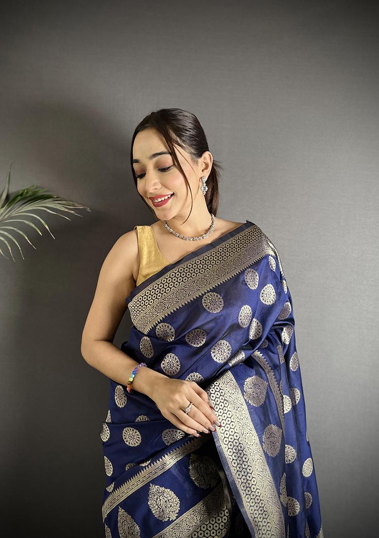 Navy Blue Jacquard Weaving Silk Saree Set - Indya