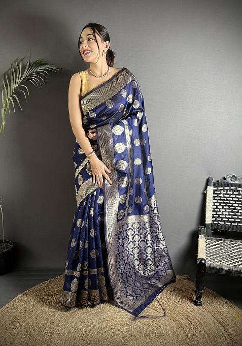 Navy Blue Jacquard Weaving Silk Saree Set