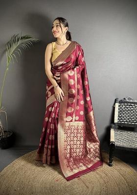 Maroon Jacquard Weaving Silk Saree Set