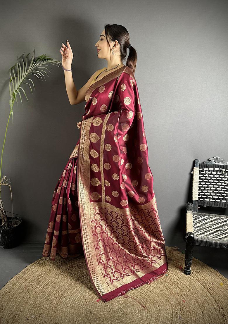 Maroon Jacquard Weaving Silk Saree Set - Indya
