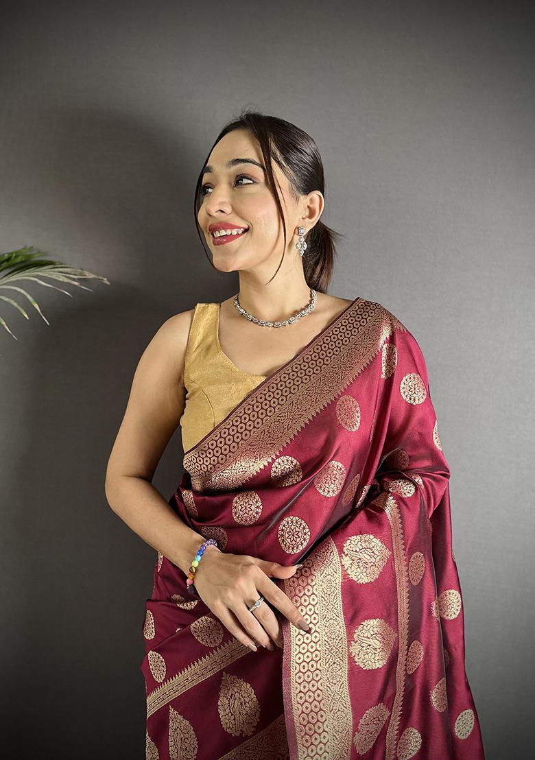 Maroon Jacquard Weaving Silk Saree Set - Indya