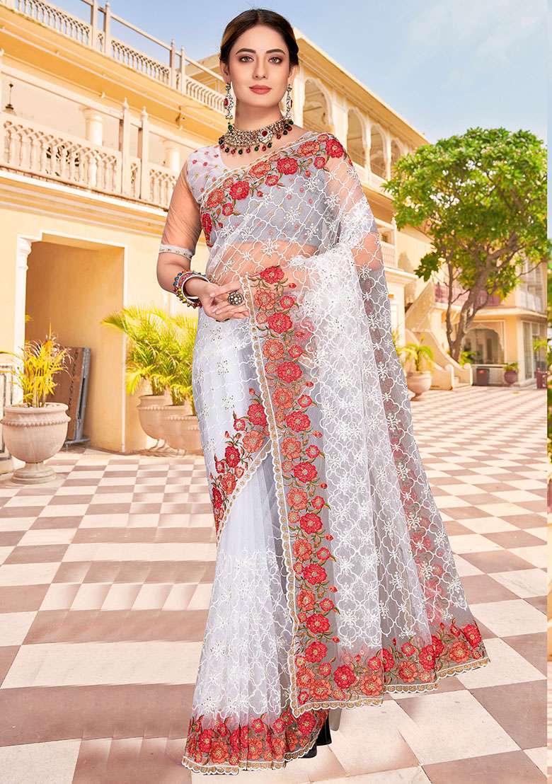 White NET Saree with Embroidery for Diwali | Wedding & Festive Wear - Indya