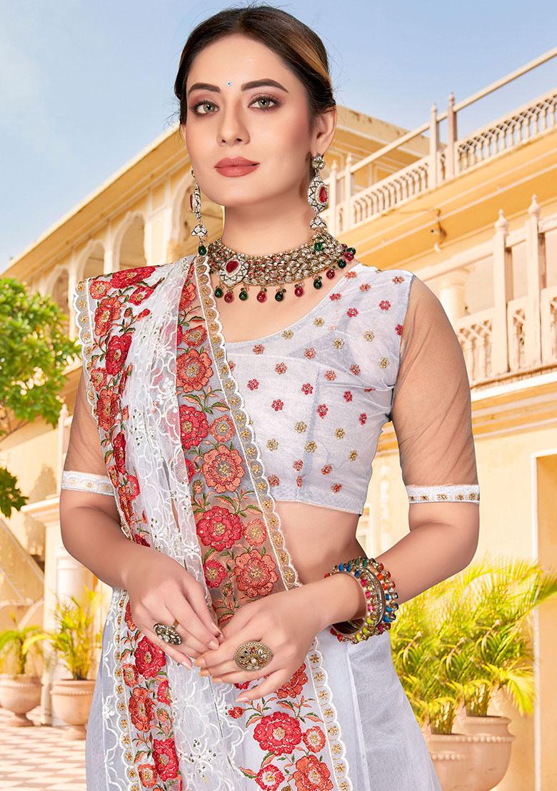 White Embroidery NET Saree - Indya