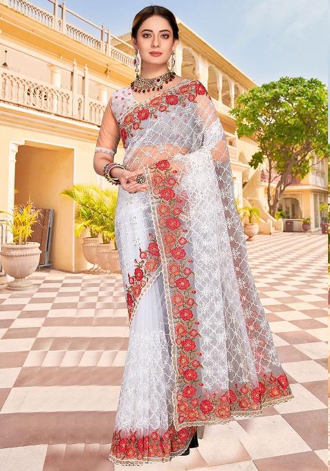 White Embroidery NET Saree