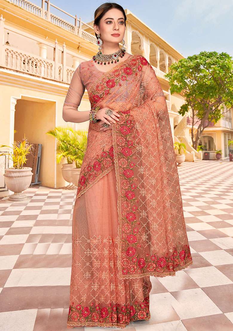 Dusty Peach NET Saree with Embroidery for Diwali | Wedding & Festive Wear - Indya