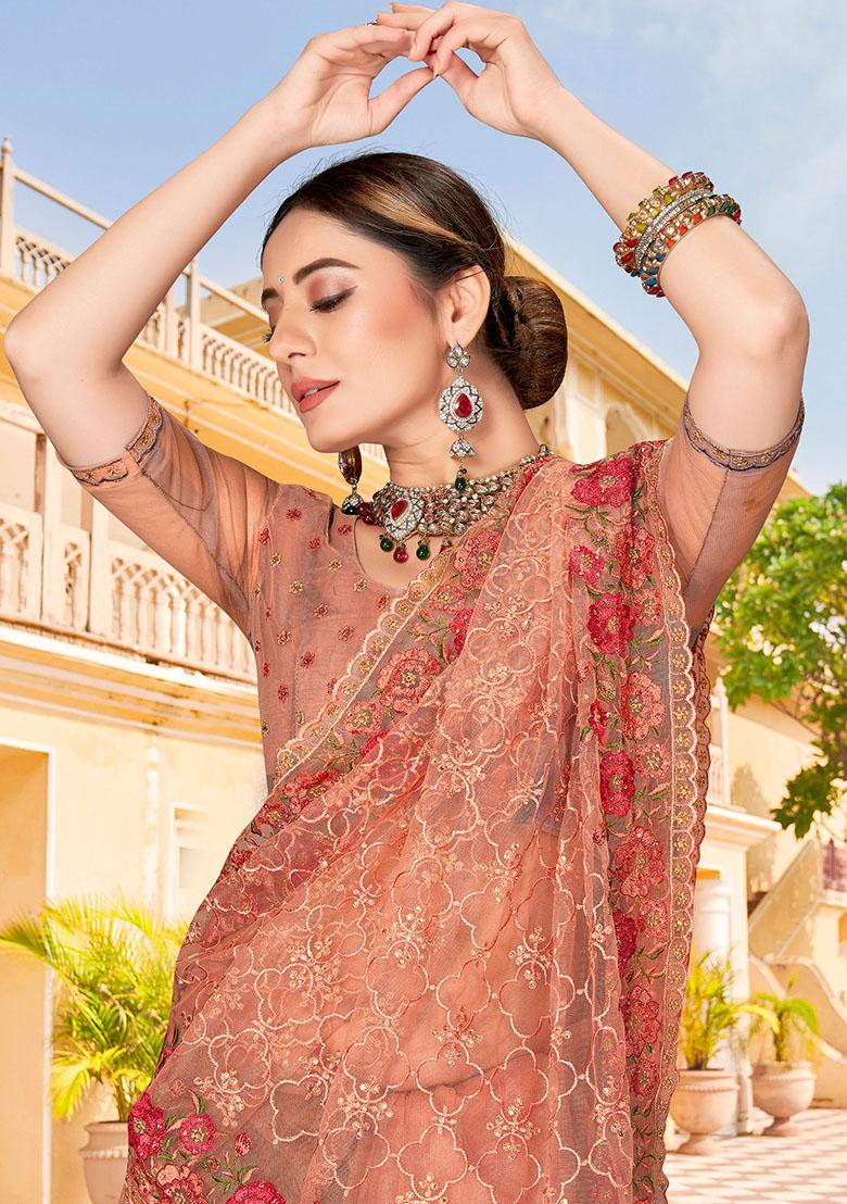 Dusty Peach Embroidery NET Saree - Indya