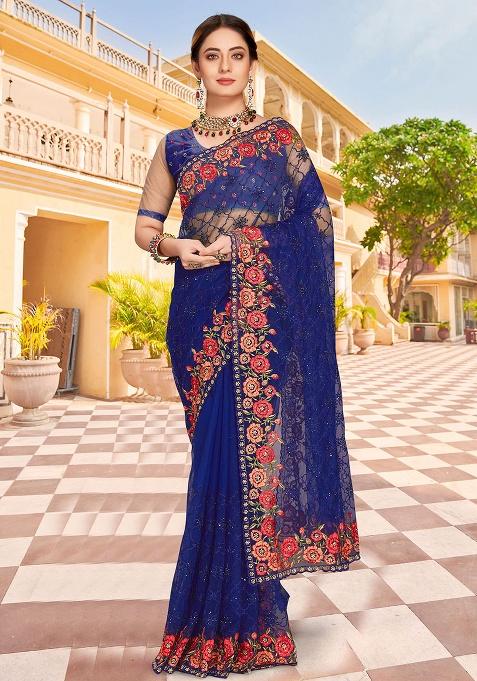 Navy Blue Embroidery NET Saree