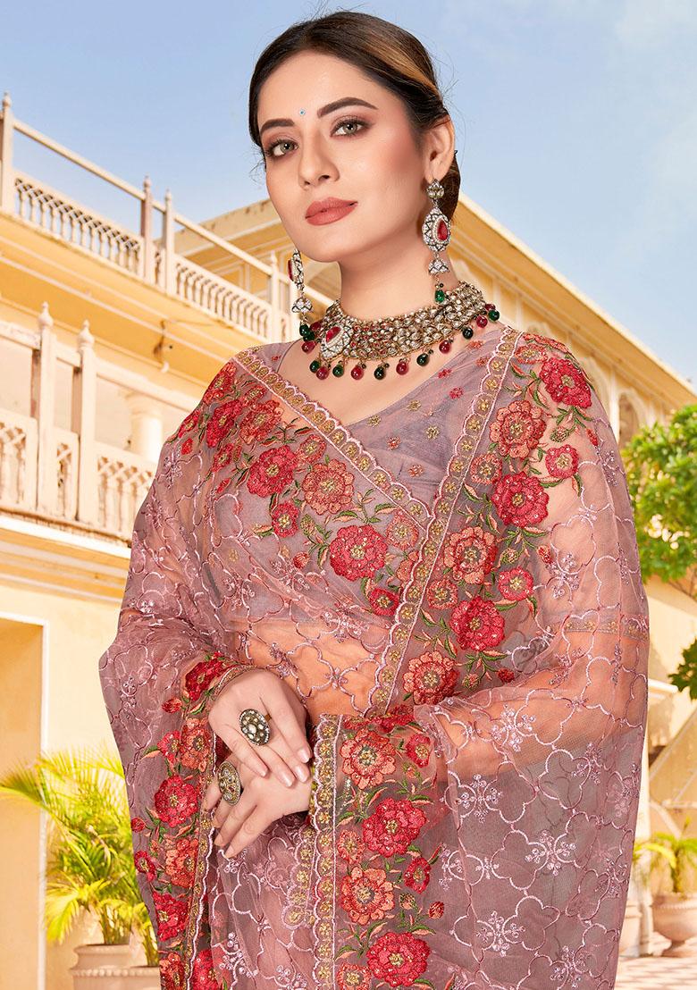 Lavender Embroidery NET Saree - Indya