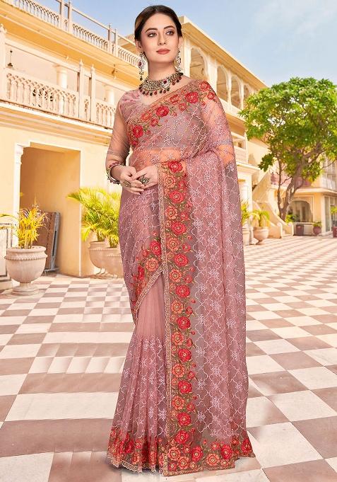 Lavender Embroidery NET Saree