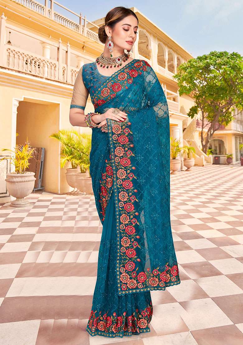 Morpeach Embroidery NET Saree for Diwali and Festive Wear - Indya