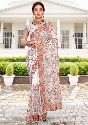 White Embroidery NET Saree
