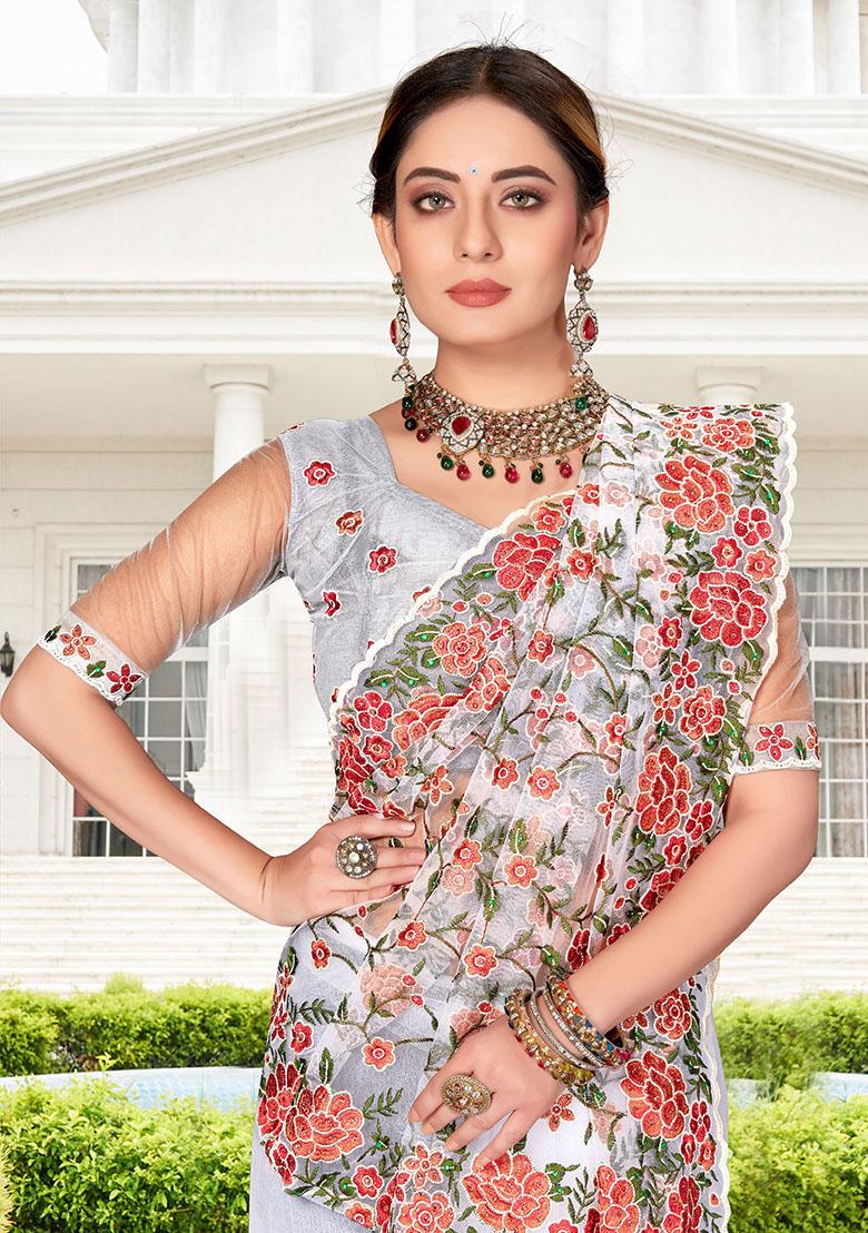 White Embroidery NET Saree - Indya