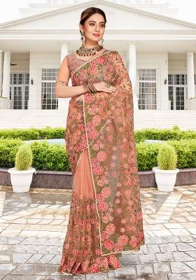 Dusty Peach Embroidery NET Saree